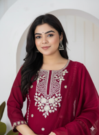 ViigoBella Roman Silk Embroidered Straight Suit with Dupatta – Maroon Premium Edition