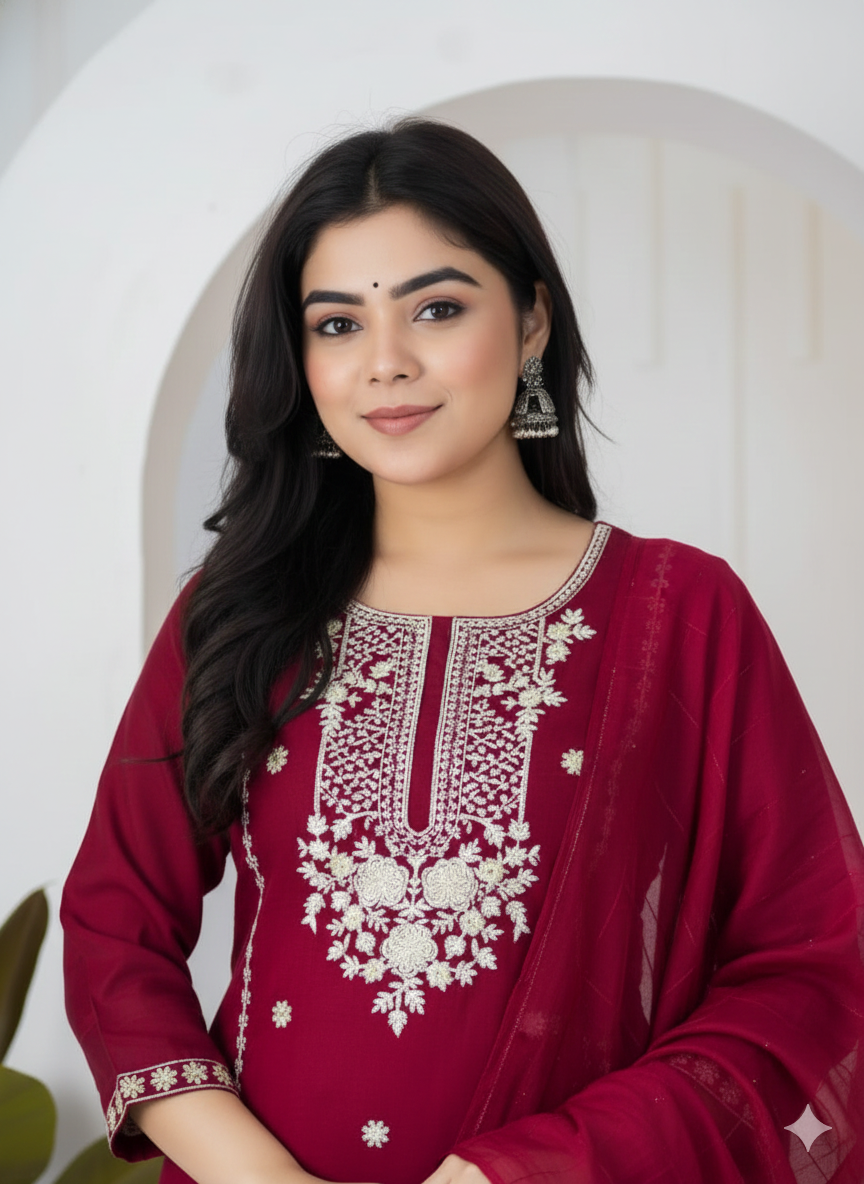ViigoBella Roman Silk Embroidered Straight Suit with Dupatta – Maroon Premium Edition