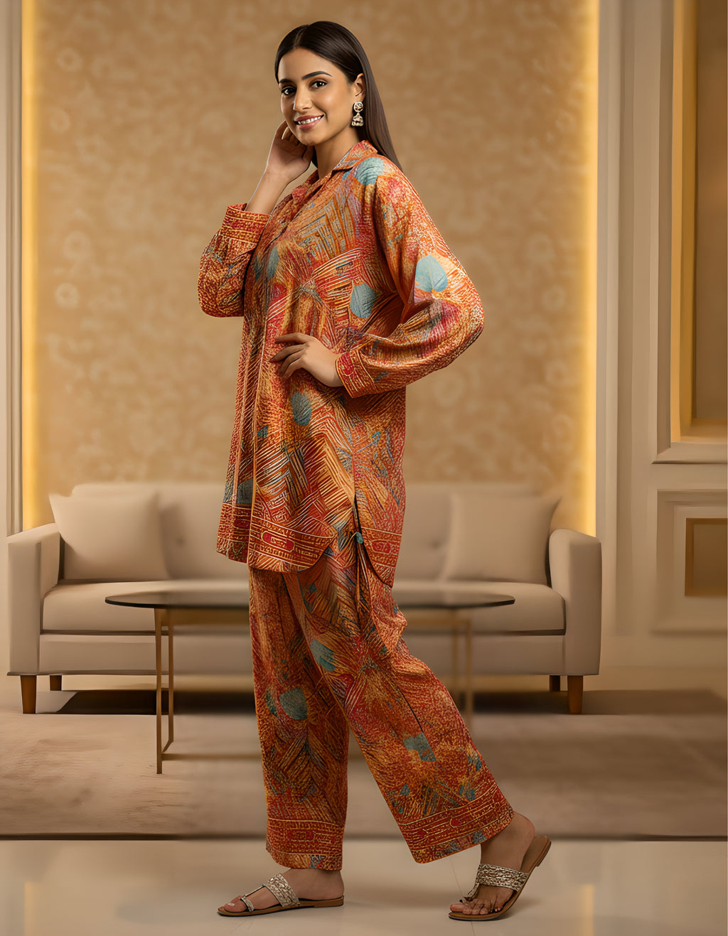 Rust Orange Printed Kasturi Silk Cord Set for Women