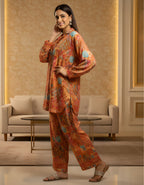 Rust Orange Printed Kasturi Silk Cord Set for Women