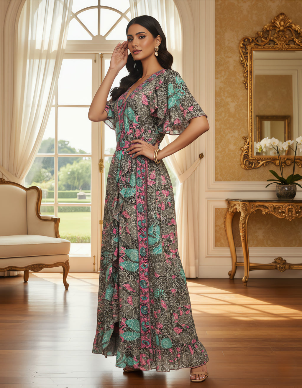 Viigobella Kasturi Silk Grey Multicolor Wrap-Style Maxi Dress