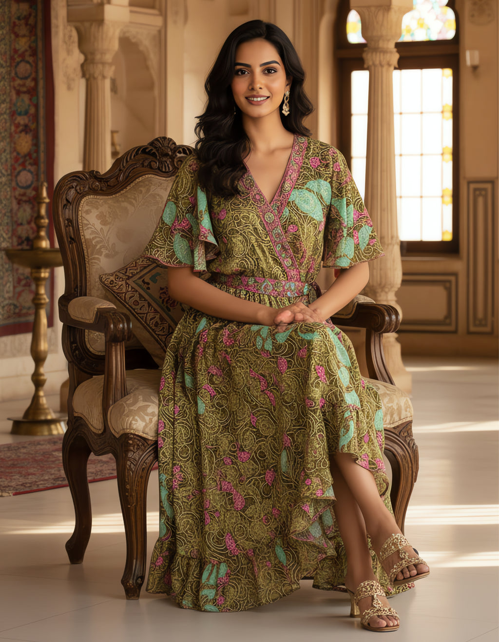 Viigobella Kasturi Silk Green Floral Wrap-Style Long Dress
