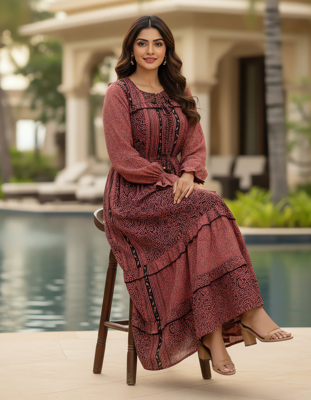 Viigobella Kasturi Silk Printed Tiered Maxi Dress with Drawstring Waist