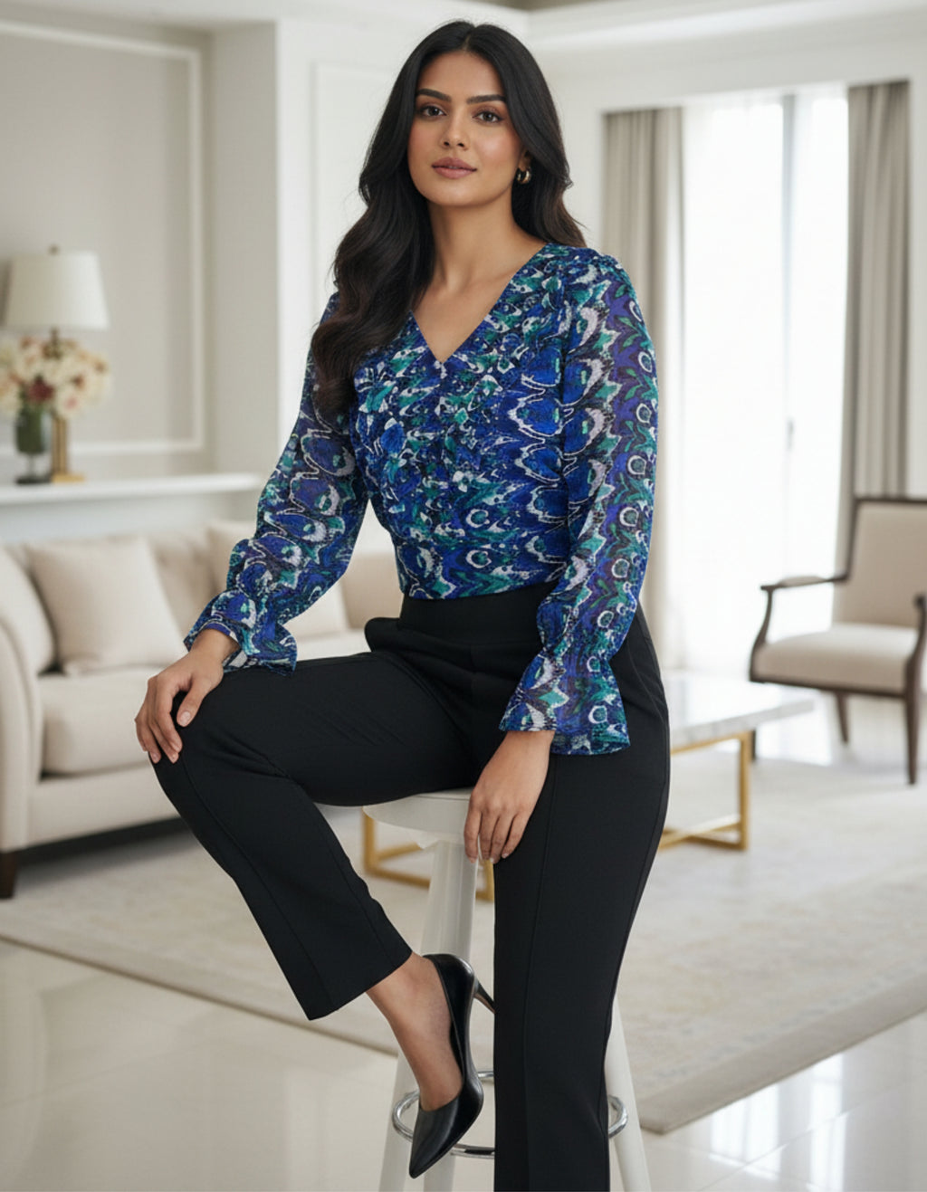 Blue Abstract Print Georgette Crop Top with Flounce Sleeves | Viigobella