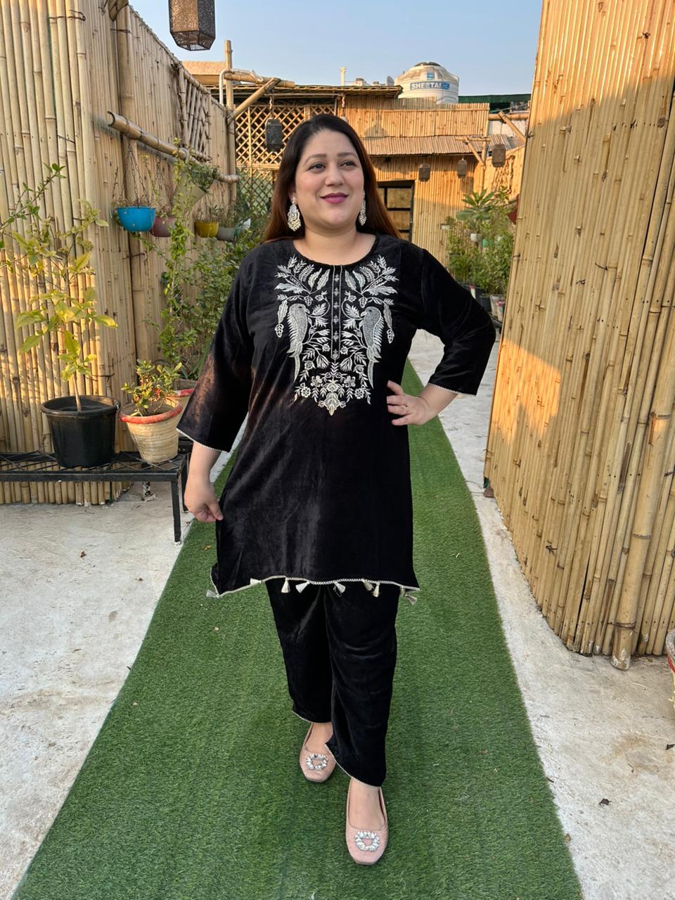 Viigobella Embroidered Velvet Cord Set – Kurti Style Top & Pant Co-Ord