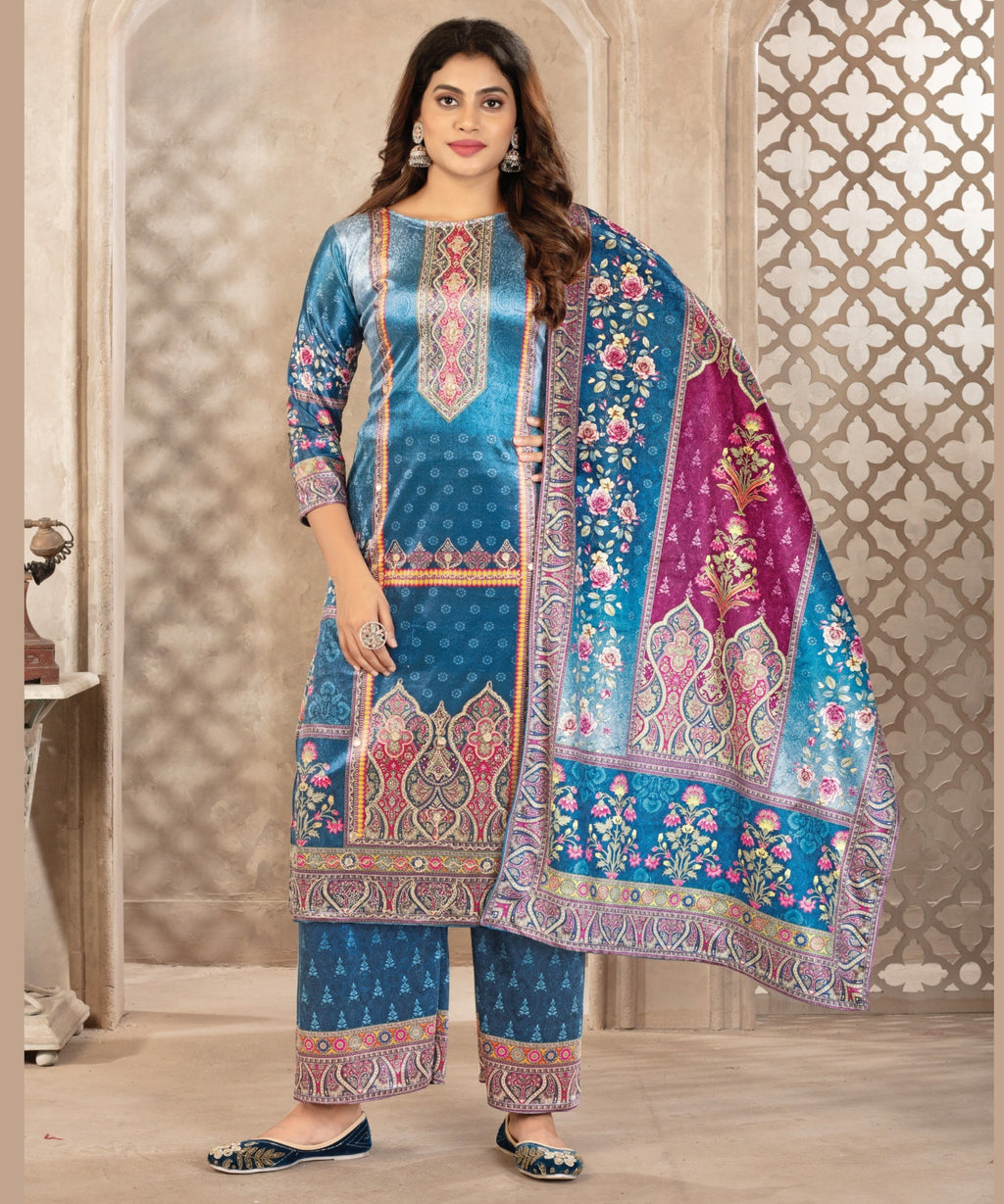 ViigoBella Premium Velvet Printed Straight Suit with Dupatta – Royal Blue Heritage Edition
