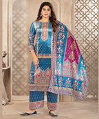 ViigoBella Premium Velvet Printed Straight Suit with Dupatta – Royal Blue Heritage Edition