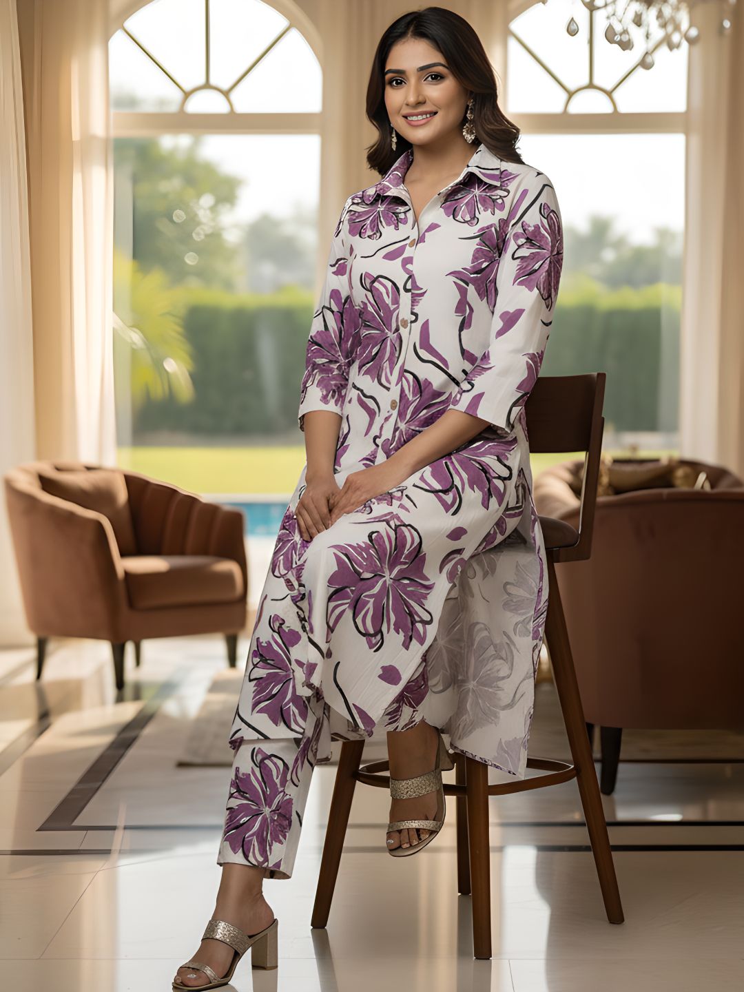 Purple Floral Long Shirt Co-ord Set for Women