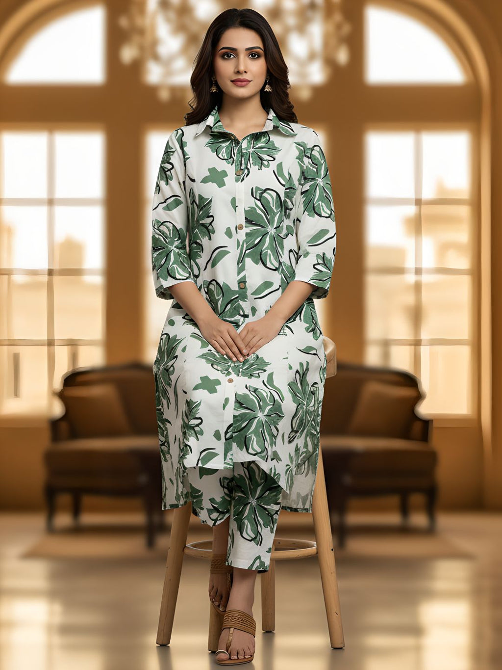 Green Floral Long Shirt Co-ord Set for Women