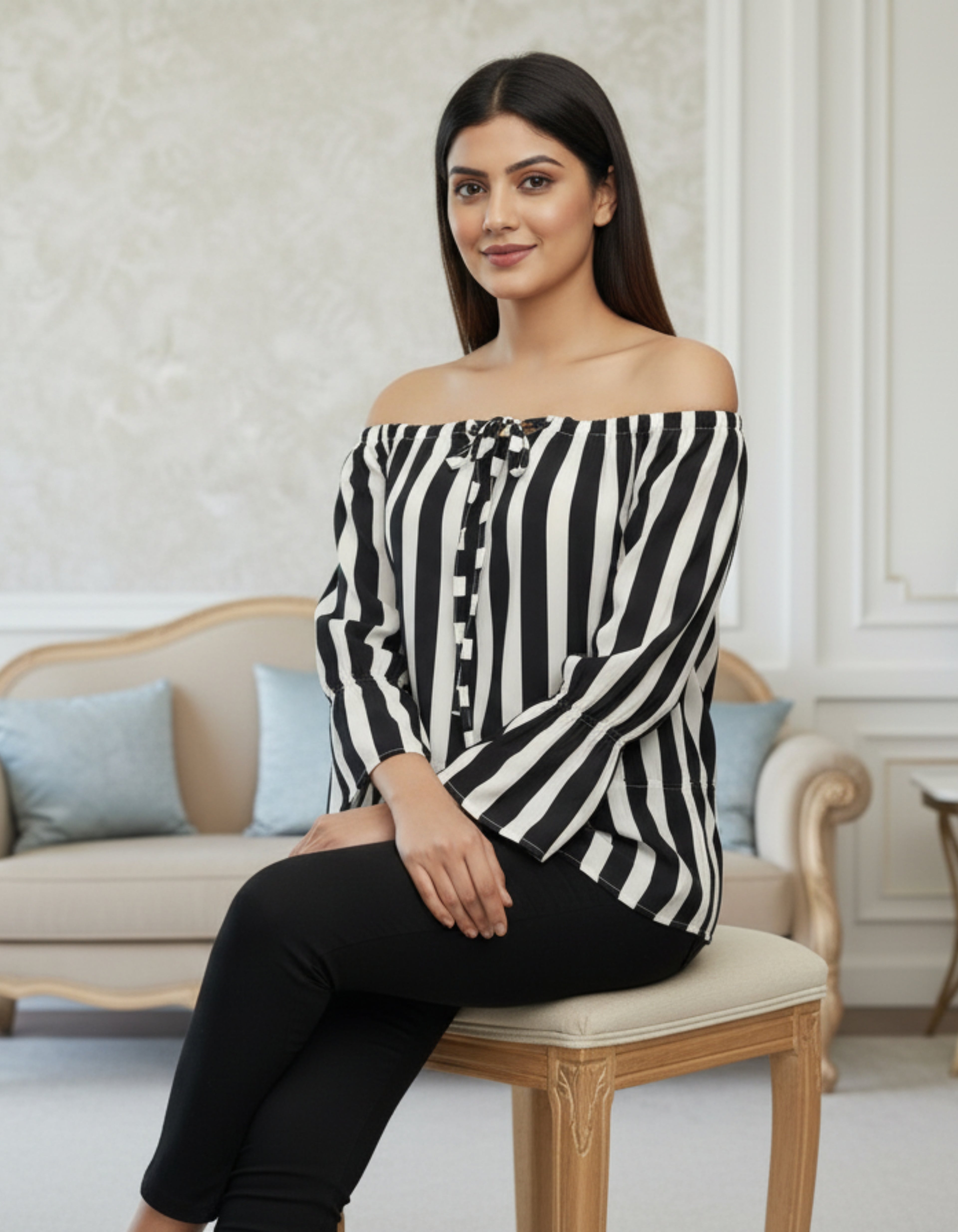 Striped Off-Shoulder Top with Tie-Up Front | Viigobella