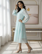 Elegant Solid Georgette Midi Dress with Belt & Full Sleeves