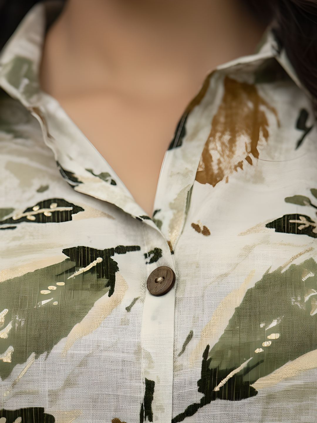 Olive Leaf Print Long Shirt Co-ord Set for Women