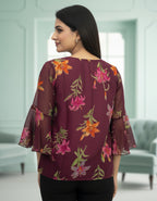 Floral Print Georgette Top with Bell Sleeves & Tie-Neck | Viigobella
