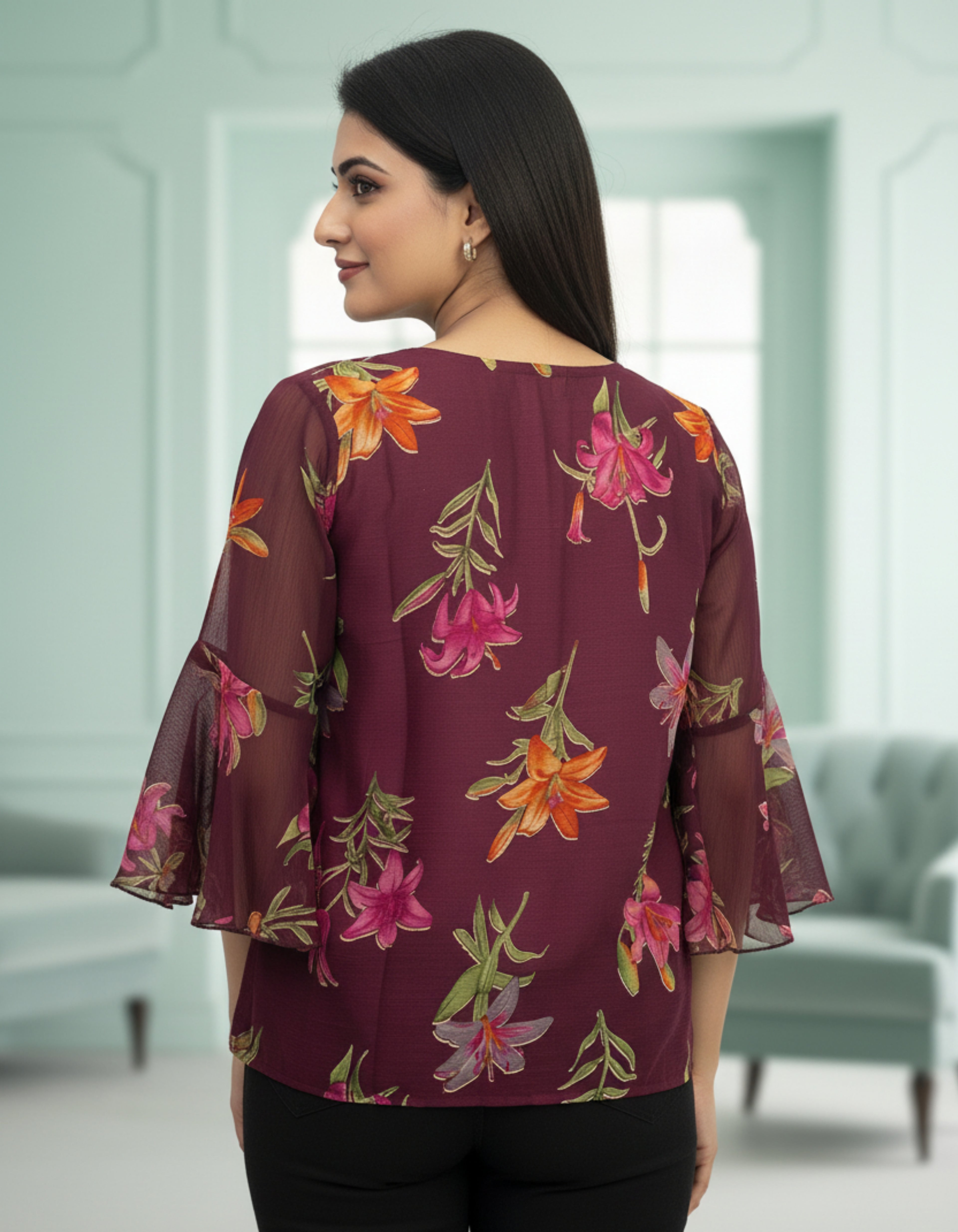 Floral Print Georgette Top with Bell Sleeves & Tie-Neck | Viigobella