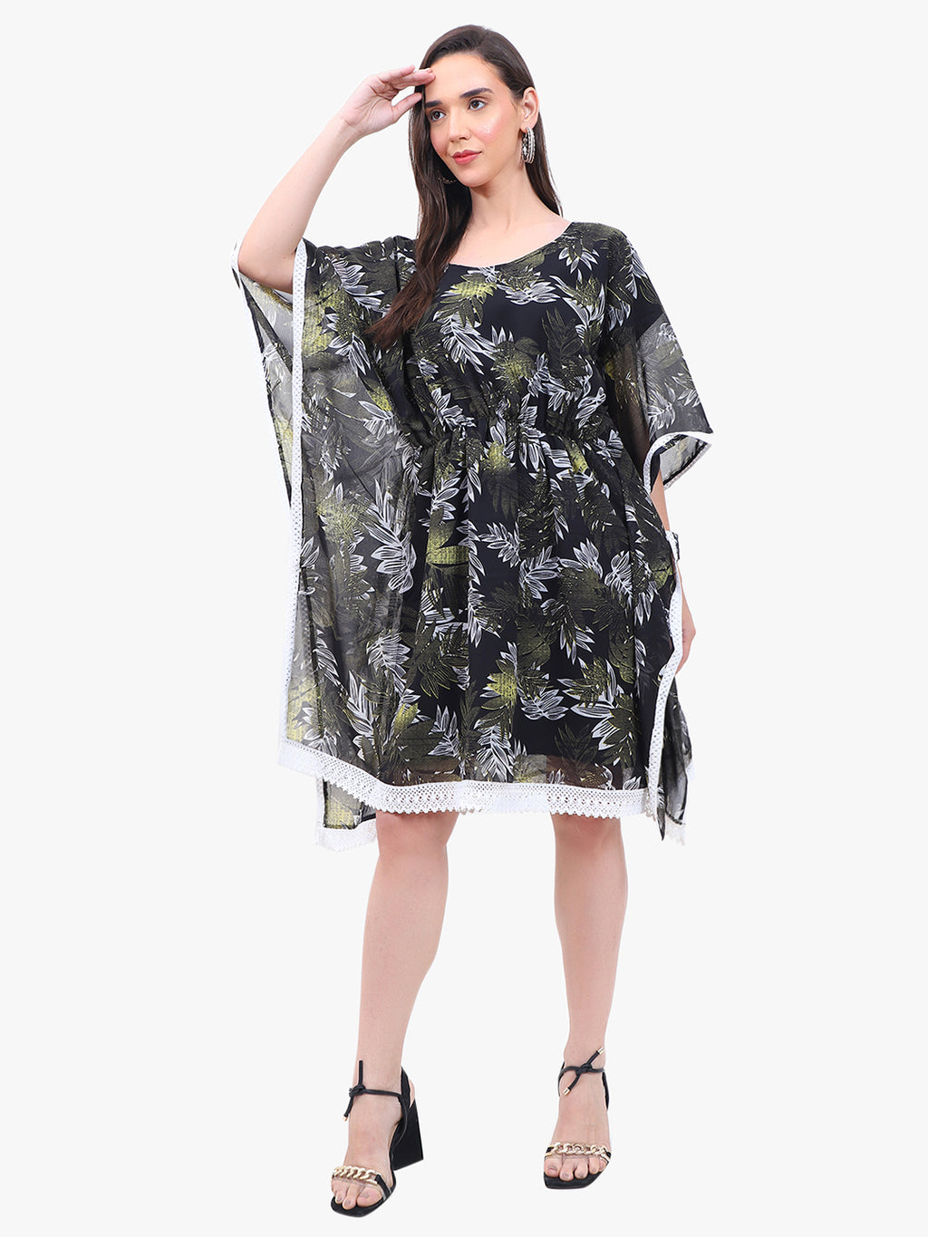 Women’s Printed Crepe Kaftan Dress with Lace Hem – Export Quality