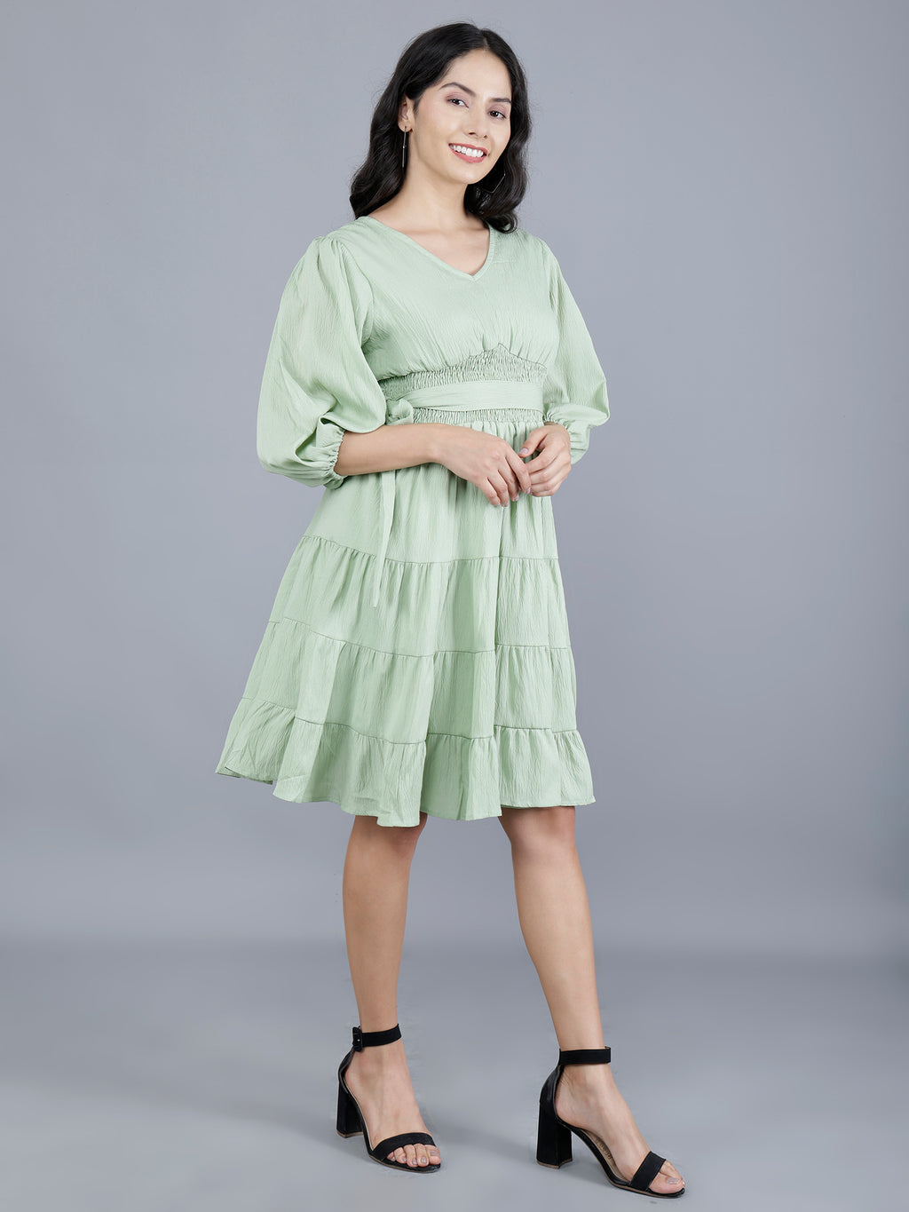 Viigobella Women’s Delta Fabric Tiered Short Dress with Smocked Waist & Puff Sleeves – Export Quality