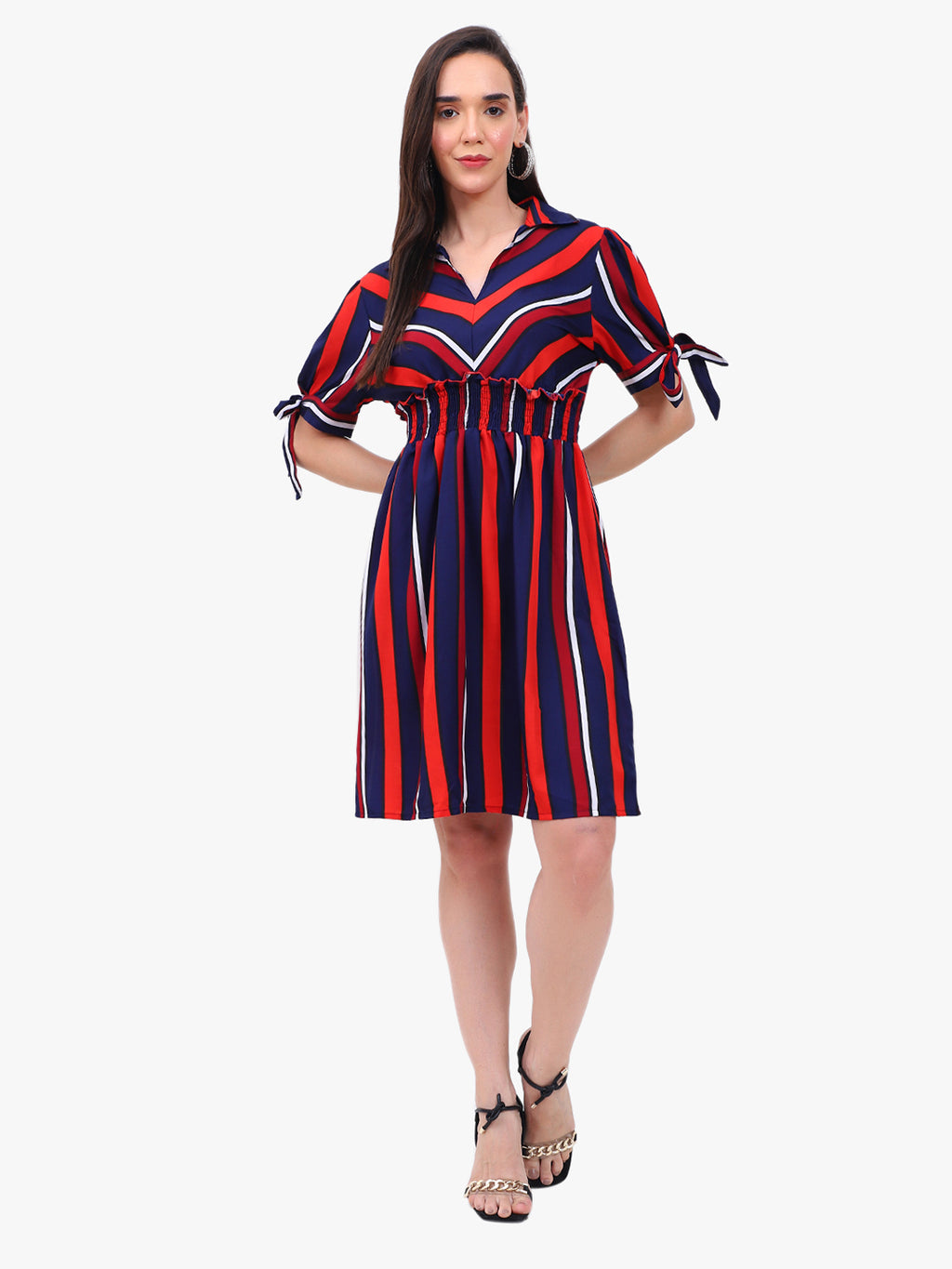 Women’s Striped Crepe Short Dress with Smocked Waist – Export Quality