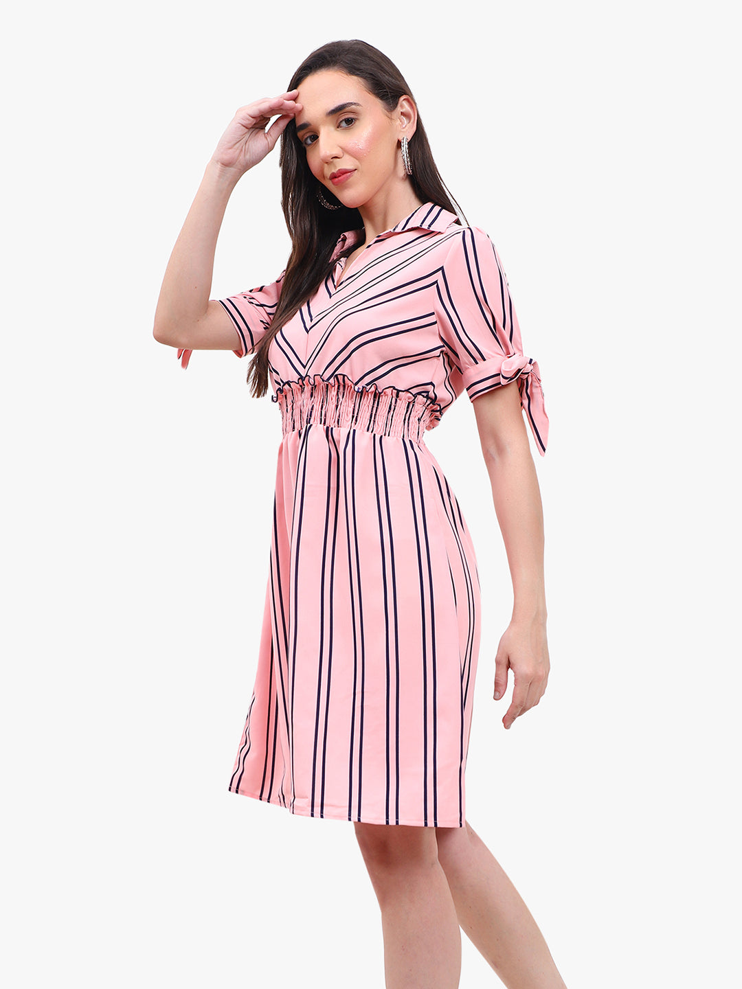 Women’s Striped Crepe Short Dress with Smocked Waist & Tie-Up Sleeves – Export Quality