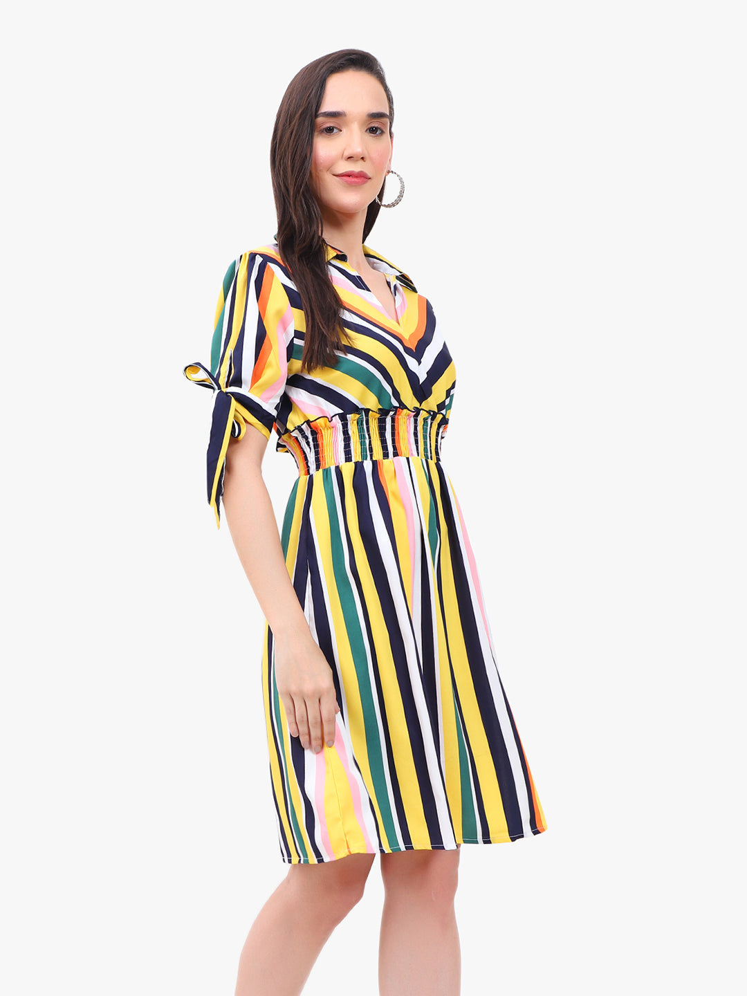 Women’s Striped Crepe Dress with Smocked Waist & Tie-Up Sleeves – Export Quality