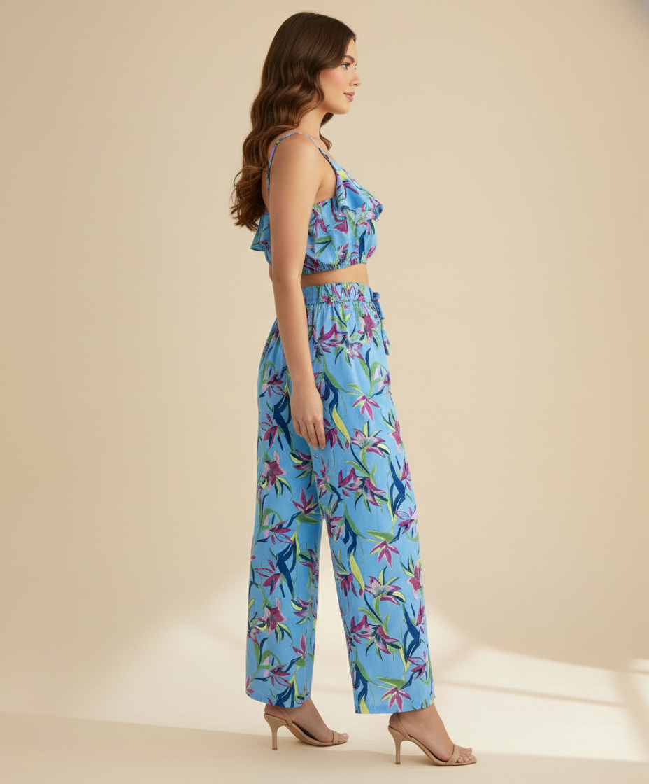 Viigobella Printed Georgette Ruffle Crop Top & Palazzo Co-Ord Set