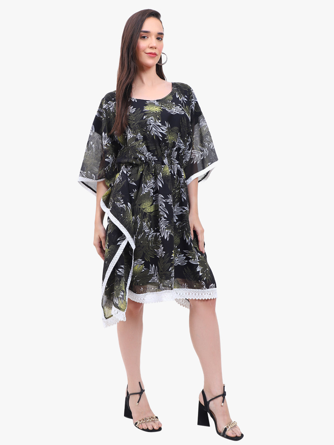Women’s Printed Crepe Kaftan Dress with Lace Hem – Export Quality