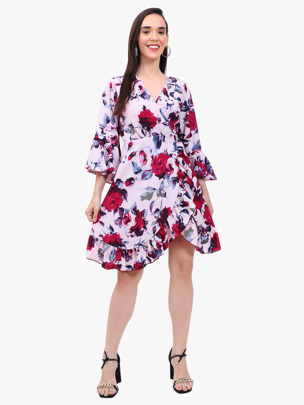 Women’s Printed Crepe Wrap Dress with Ruffle Hem – Export Quality