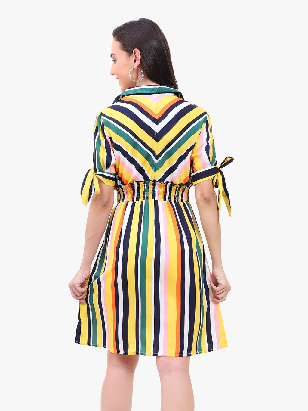 Women’s Striped Crepe Dress with Smocked Waist & Tie-Up Sleeves – Export Quality