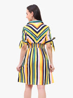 Women’s Striped Crepe Dress with Smocked Waist & Tie-Up Sleeves – Export Quality