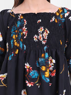 Viigobella Women’s Smocked Floral Top in Black Printed Crepe Fabric