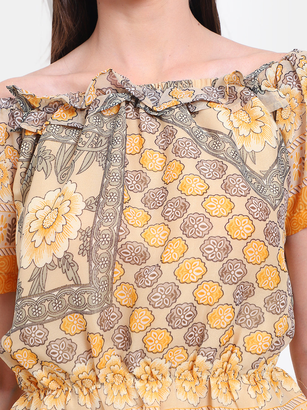 Viigobella Women’s Printed Peplum Top in Yellow & Beige Georgette Fabric