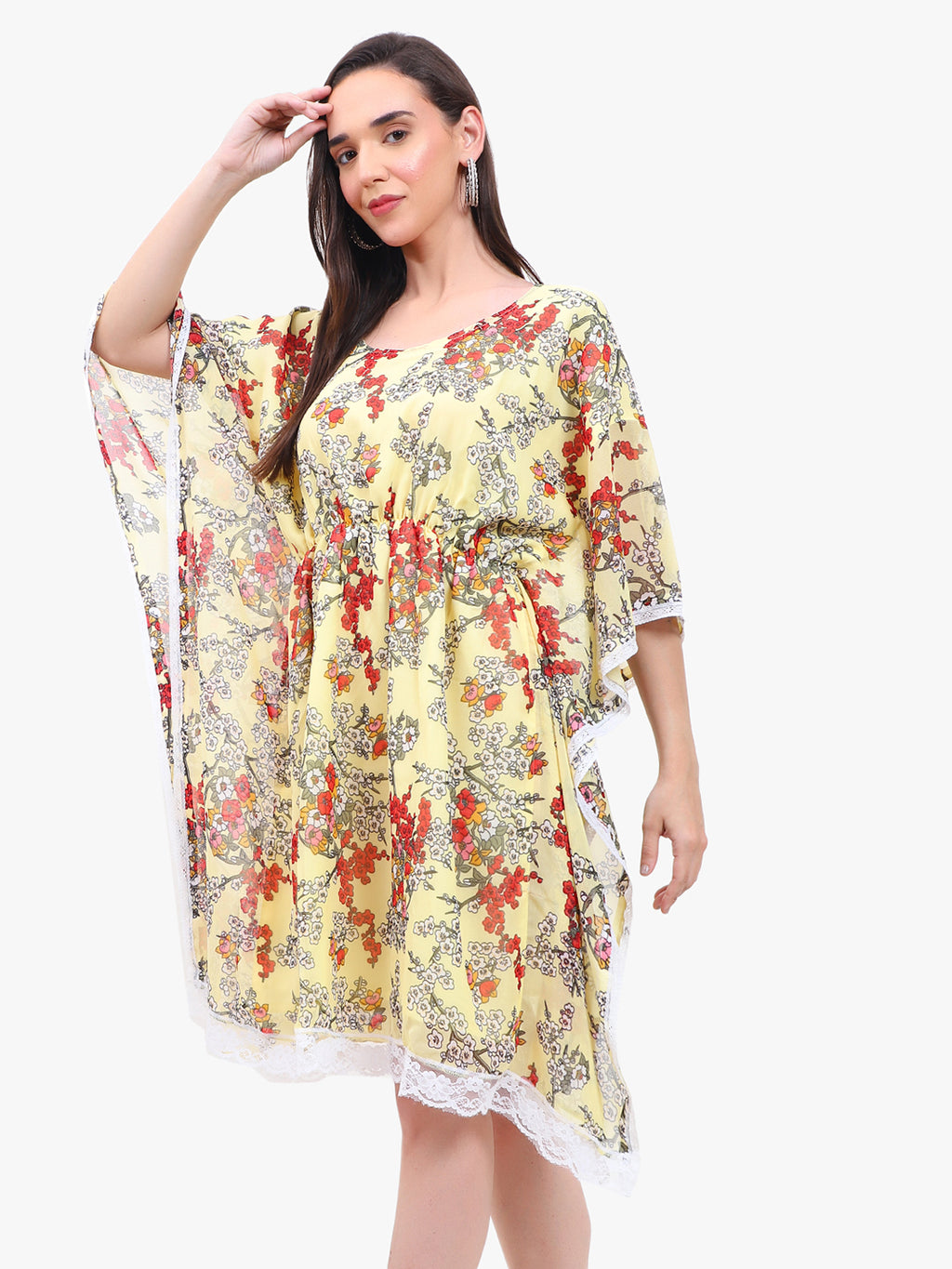 Women’s Printed Georgette Kaftan Dress with Lace Hem – Export Quality