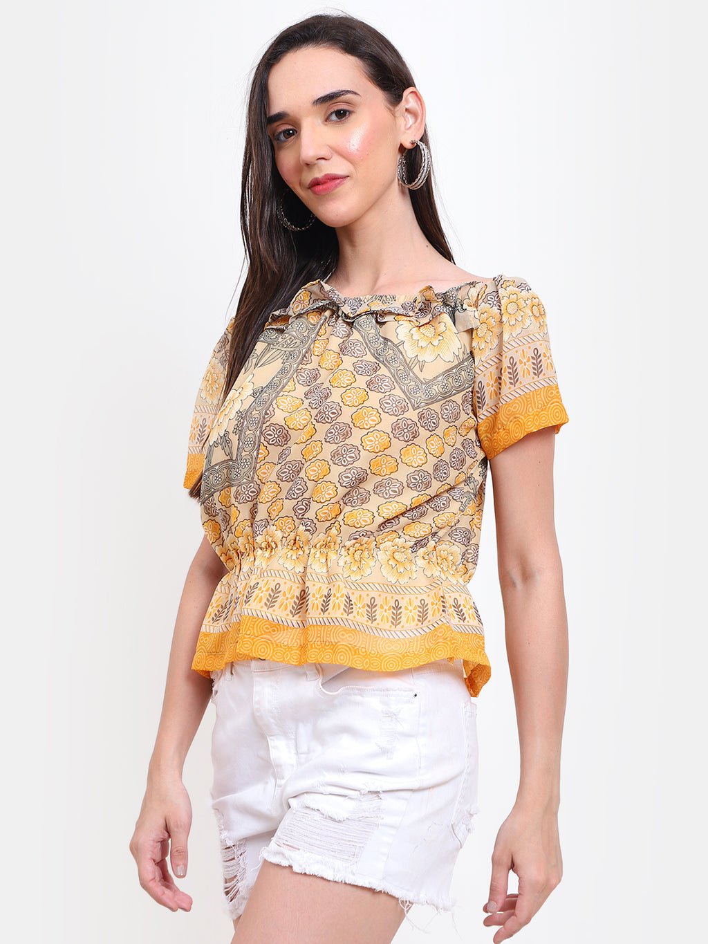 Viigobella Women’s Printed Peplum Top in Yellow & Beige Georgette Fabric