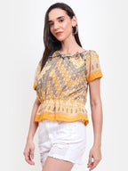 Viigobella Women’s Printed Peplum Top in Yellow & Beige Georgette Fabric