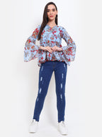 Viigobella Women’s Floral Bell Sleeve Peplum Top – Georgette Fabric