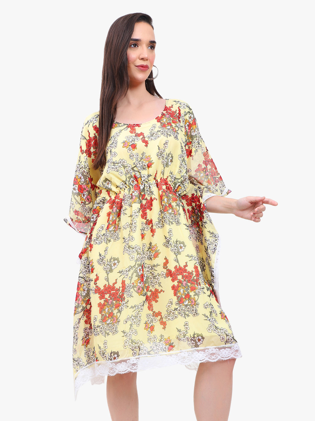 Women’s Printed Georgette Kaftan Dress with Lace Hem – Export Quality