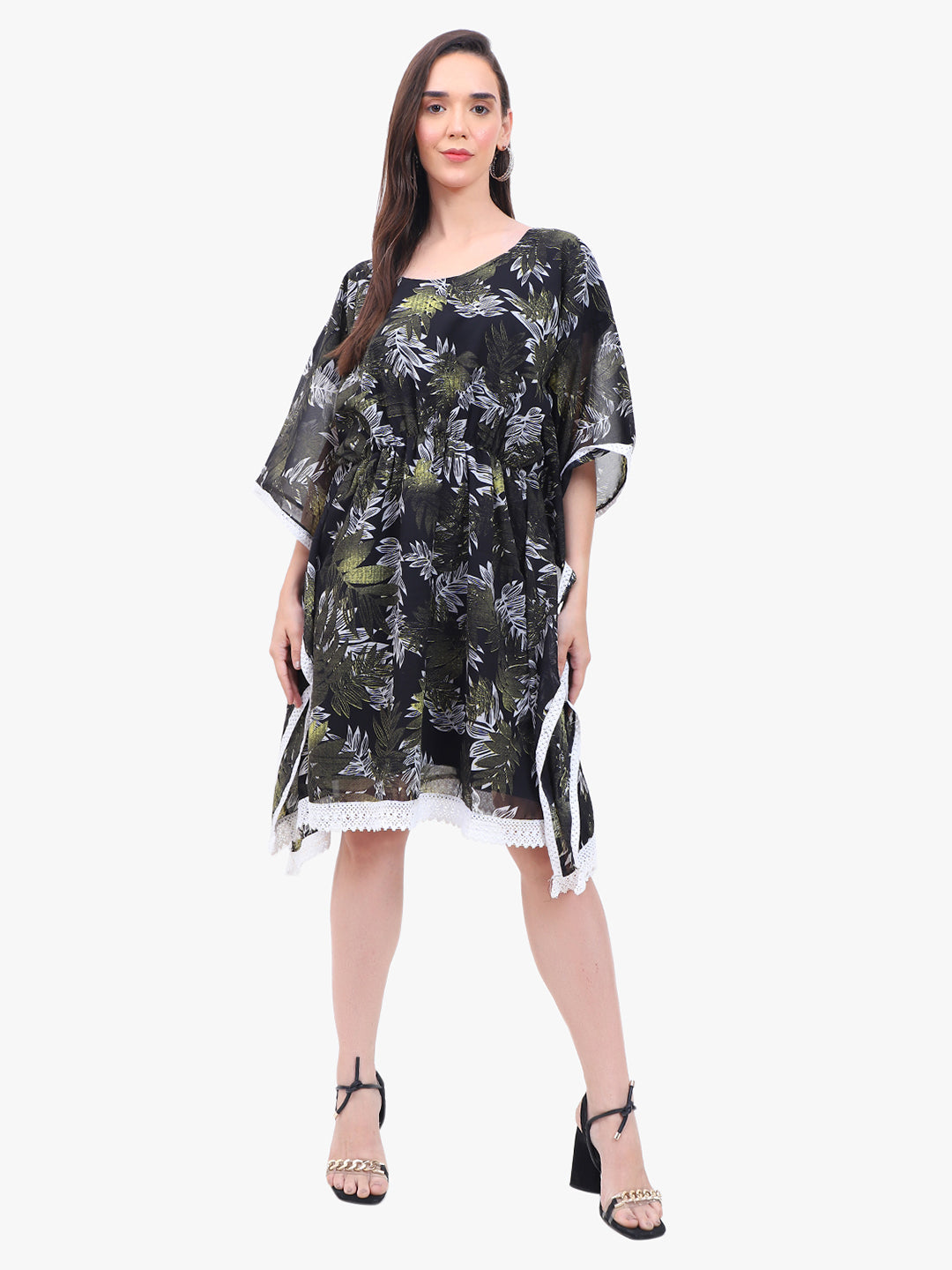Women’s Printed Crepe Kaftan Dress with Lace Hem – Export Quality
