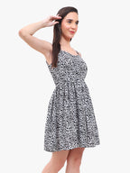 Women’s Printed Crepe Strappy Short Dress with Flared Silhouette – Export Quality