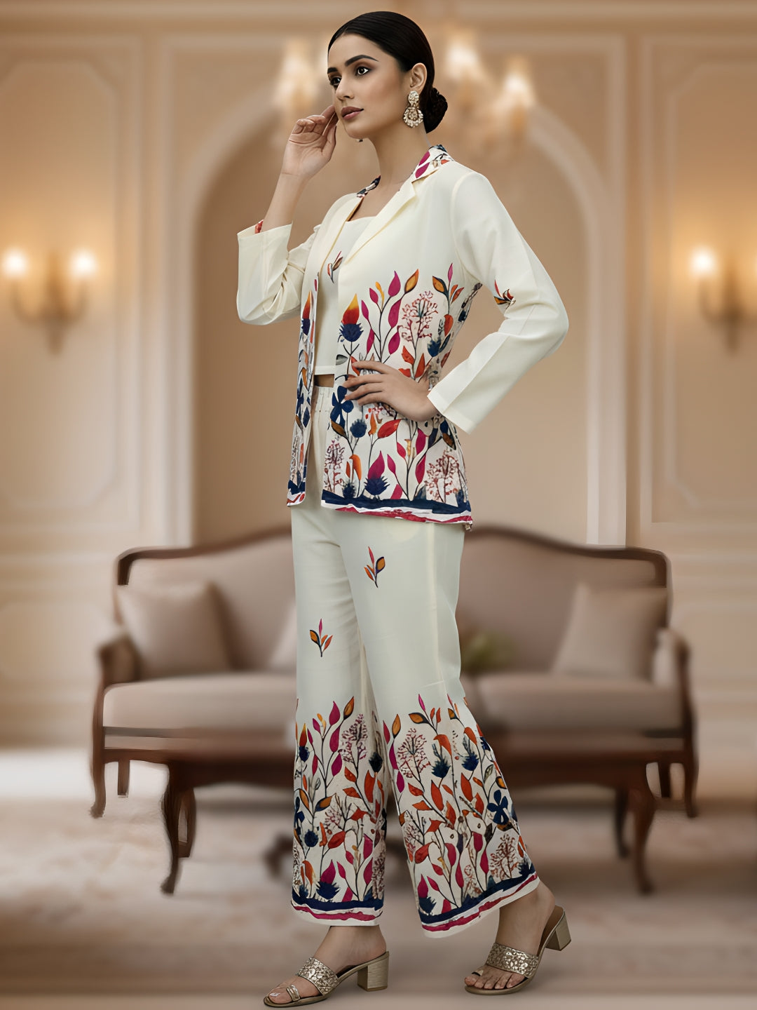 Premium Multicolor Floral Cotton Blazer Co-ord Set for Women (3-Piece)