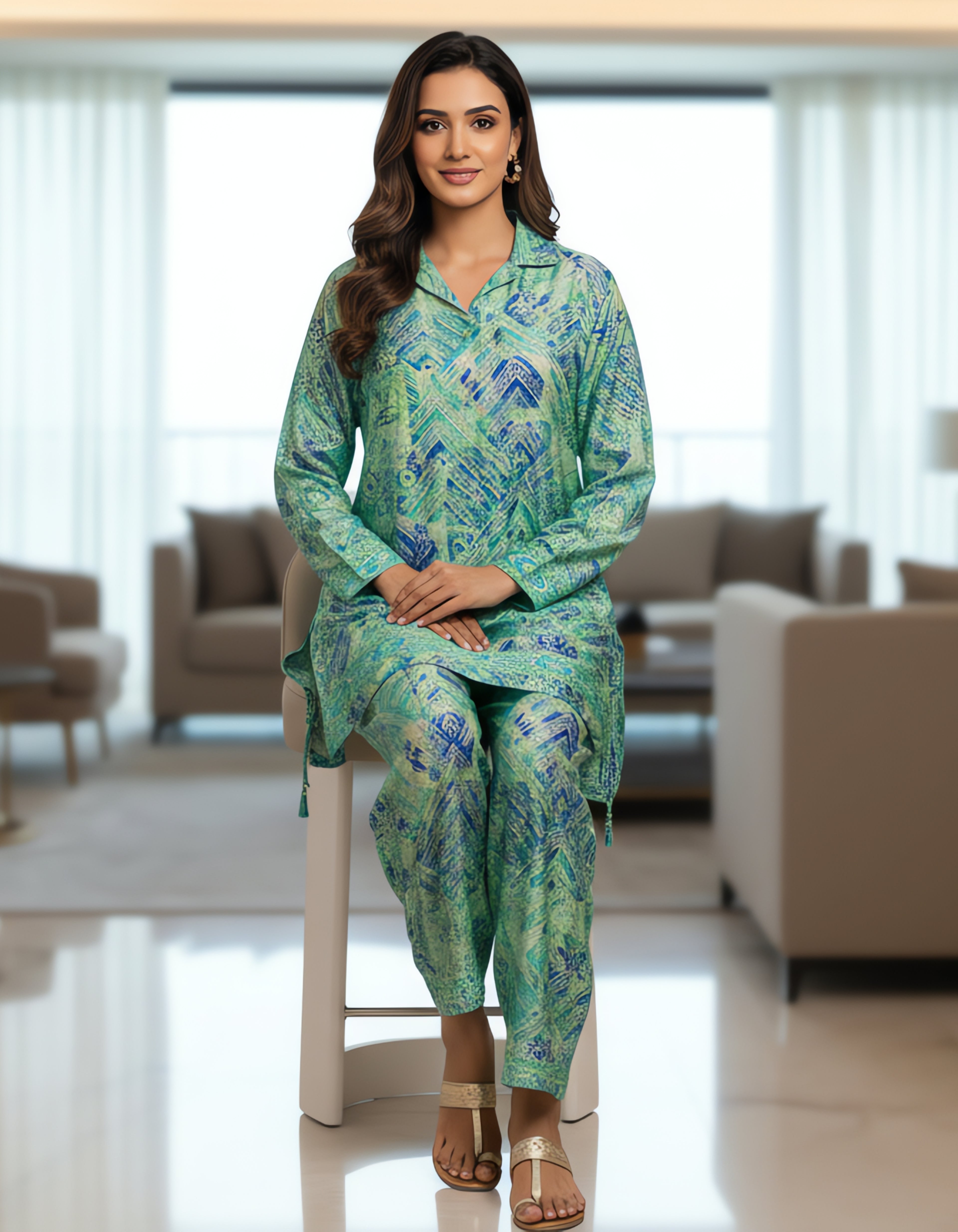 Aqua Blue Printed Kasturi Silk Cord Set for Women