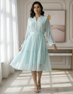 Elegant Solid Georgette Midi Dress with Belt & Full Sleeves