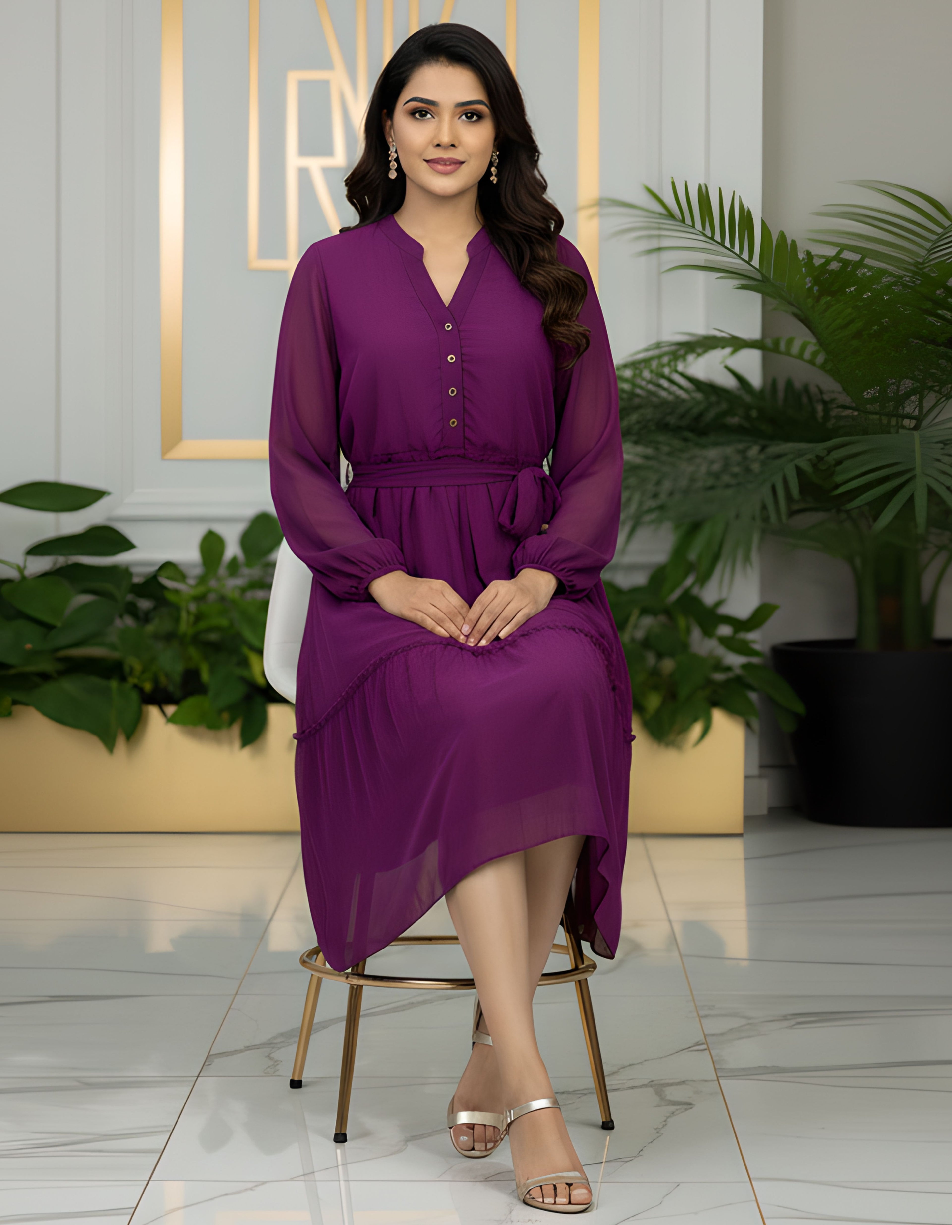 Premium Solid Georgette Midi Dress with Belt & Full Sleeves