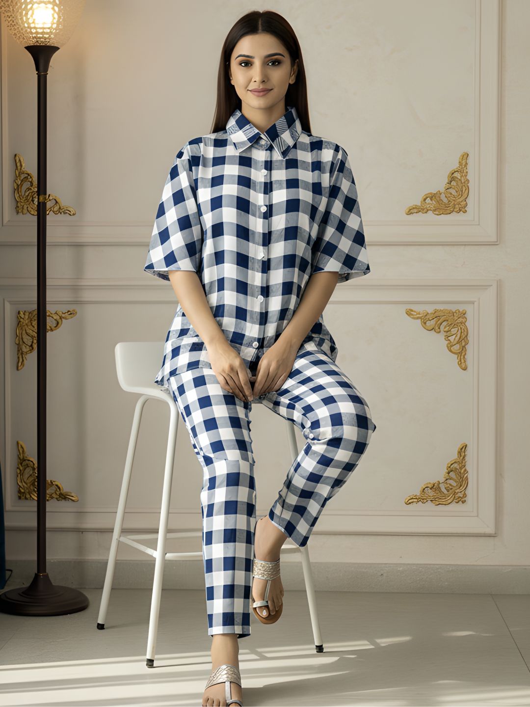 Blue & White Checkered Co-ord Set for Women