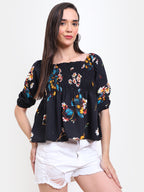 Viigobella Women’s Smocked Floral Top in Black Printed Crepe Fabric