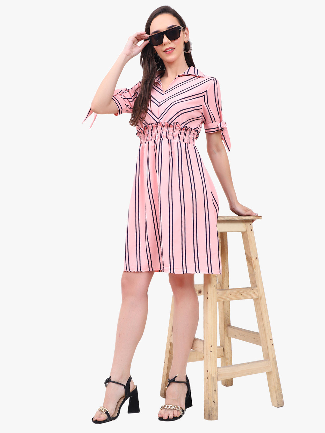 Women’s Striped Crepe Short Dress with Smocked Waist & Tie-Up Sleeves – Export Quality
