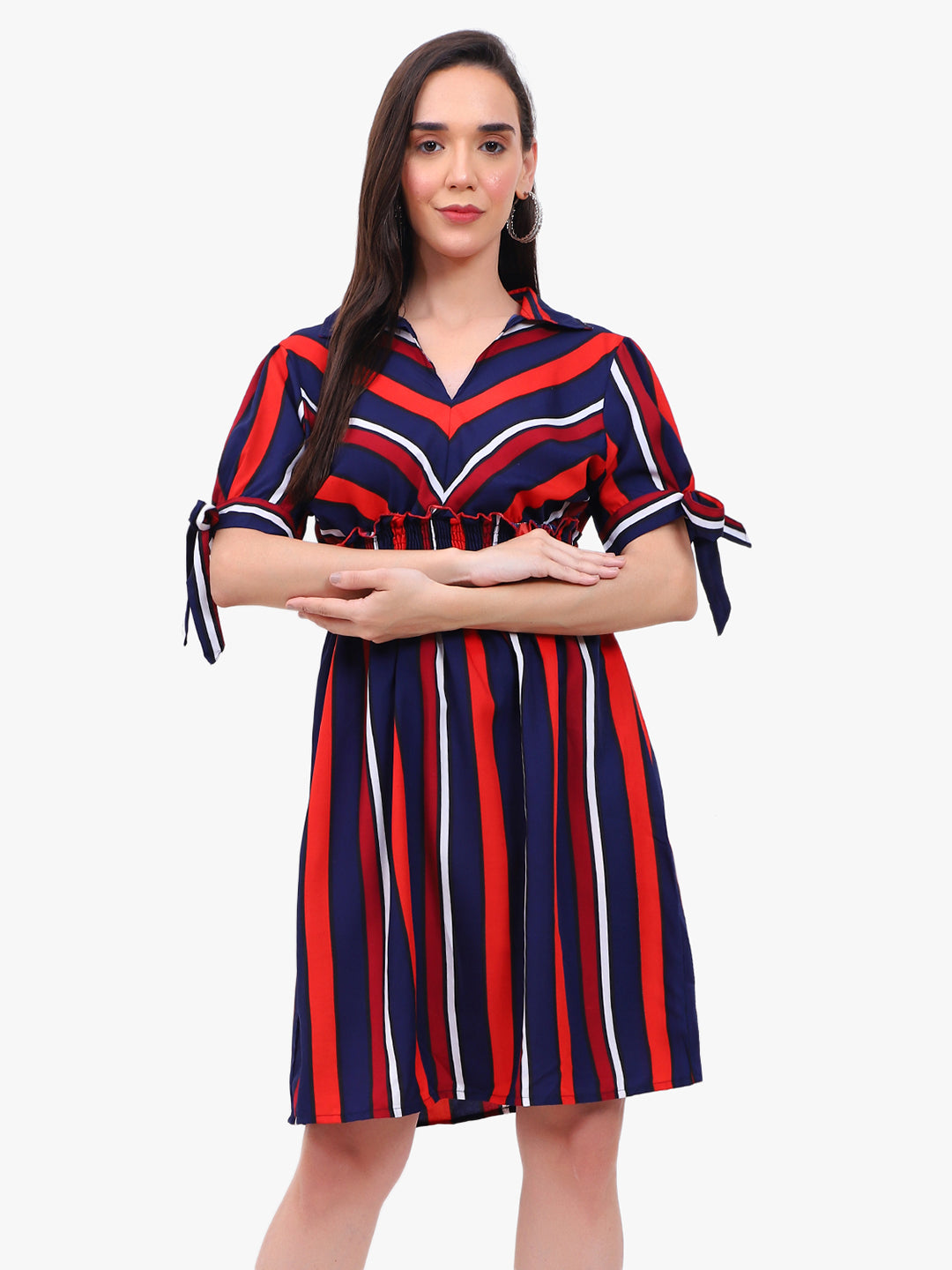 Women’s Striped Crepe Short Dress with Smocked Waist – Export Quality