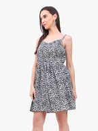 Women’s Printed Crepe Strappy Short Dress with Flared Silhouette – Export Quality