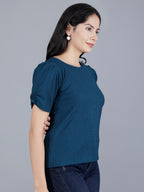 Viigobella Women’s Puff Sleeve Top in Teal Blue Cotton Fabric