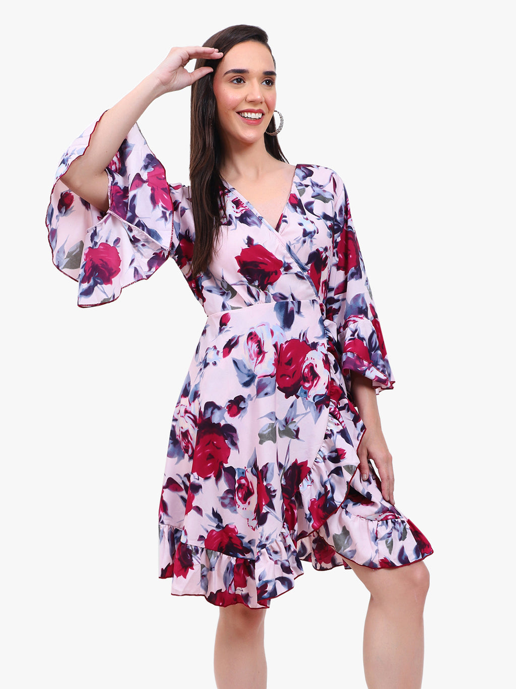 Women’s Printed Crepe Wrap Dress with Ruffle Hem – Export Quality