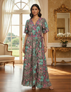 Viigobella Kasturi Silk Grey Multicolor Wrap-Style Maxi Dress