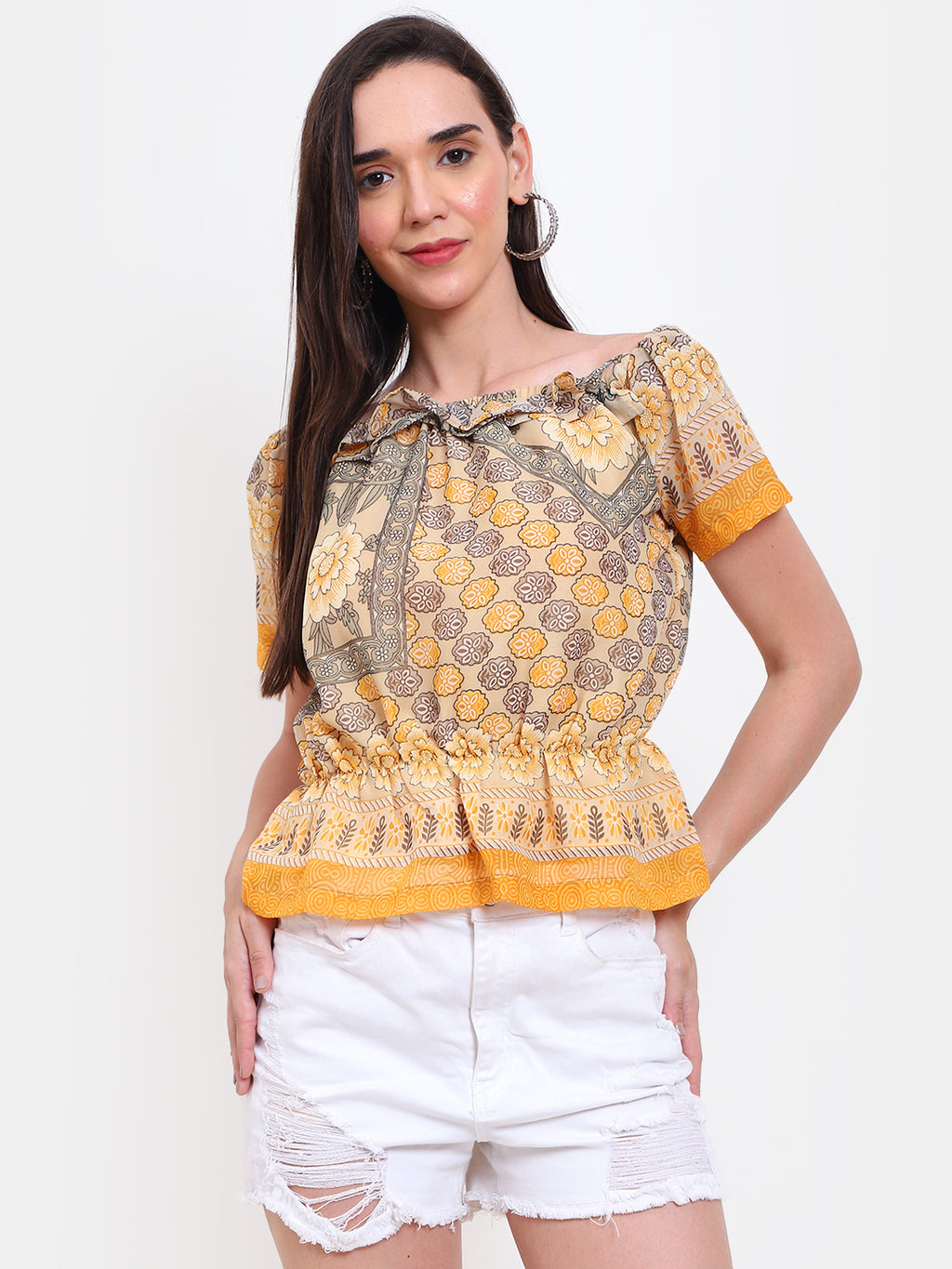 Viigobella Women’s Printed Peplum Top in Yellow & Beige Georgette Fabric